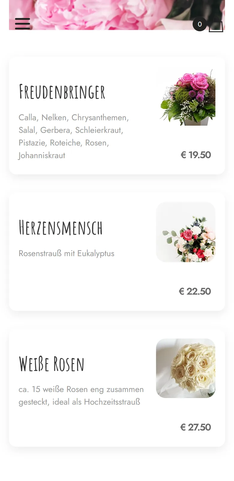 Floristik-Sortiment im Online-Shop auf dem Smartphone: Sträuße mit Preisen
